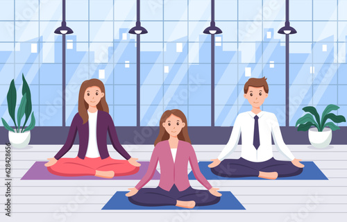 Illustration of office workers practicing yoga in the office room