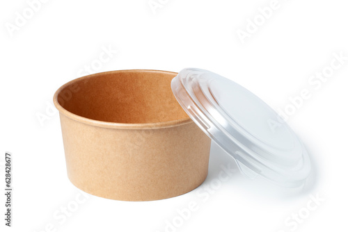 Disposable kraft paper bowl with plastic lid isolated on white background photo