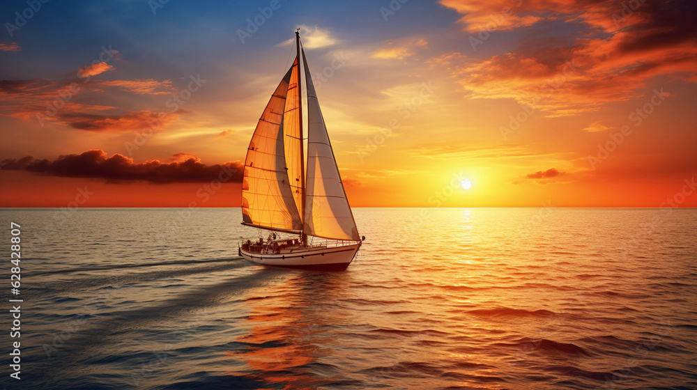 a sailboat is sailing in the ocean at sunrise