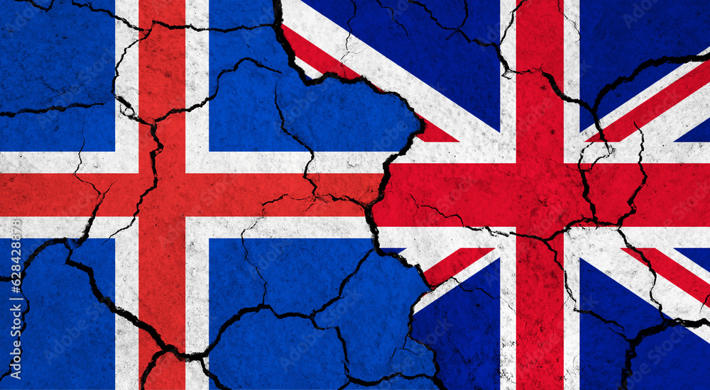 Fototapeta premium Flags of Iceland and United Kingdom on cracked surface - politics, relationship concept