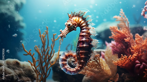 a sea horse is standing on some corals in the water