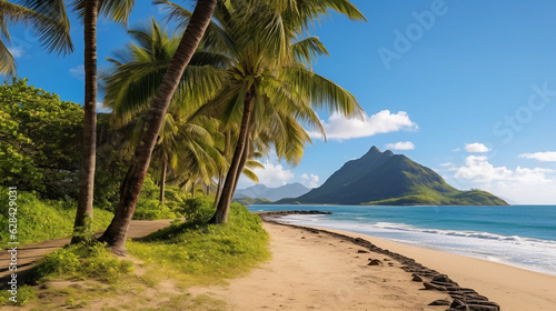 a sandy beach lined with palm trees and a sandy path lead 