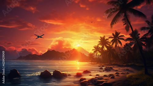 a sunset with palm trees and a plane flying over the ocean