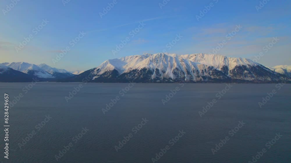 Slow aerial view of beautiful mountains at sunrise on the Seward highway. 4k drone. Slow aerial view of beautiful mountains at sunrise on the Seward highway. 4k drone.