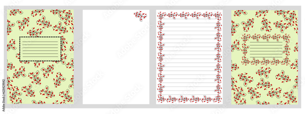 Vector patterned lined notebook - floral design. Lined notebook with ornament of tree branch with red leaves. Painted notepad