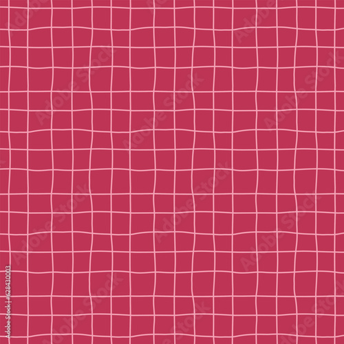 Seamless viva magenta checkered pattern of uneven hand drawn lines. Minimalist surface design for home decor.