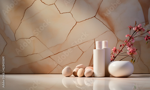 Foto Mockup productos cosméticos - Color blanco y rosa, elegante, moderno - 3d fondo