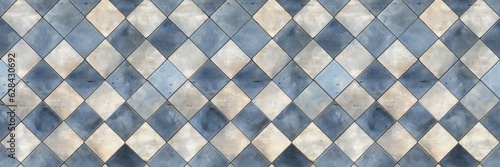 Old blue white rusty vintage worn shabby patchwork lozenge diamond rue motif tiles stone concrete cement wall texture background banner (Generative Ai)