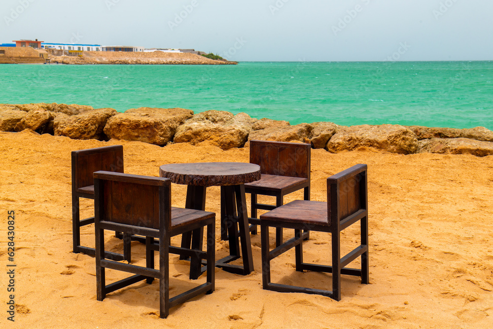 Wooden table at the edge of the Dakhla peninsula