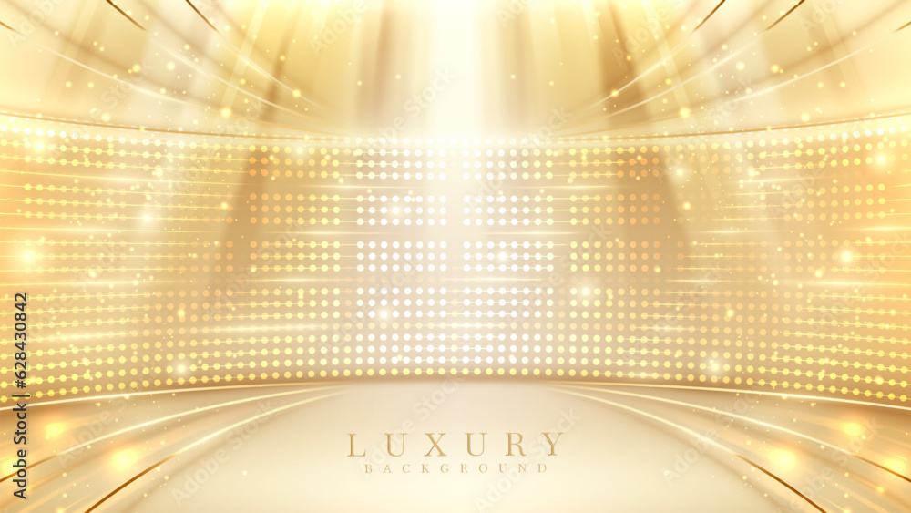 Gold stage scene with spotlight with beam effects decorations and bokeh