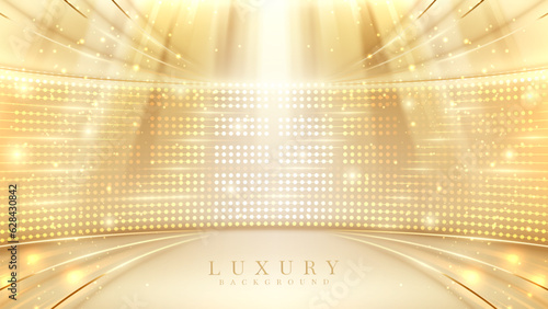 Gold stage scene with spotlight with beam effects decorations and bokeh. Luxury background.