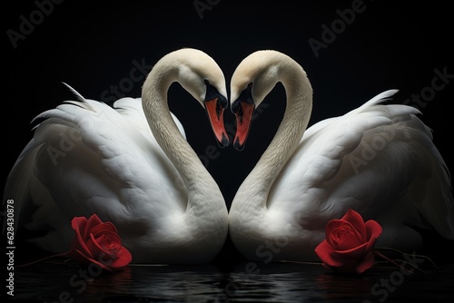 Fototapeta Naklejka Na Ścianę i Meble -  Two swans facing each other, forming a heart