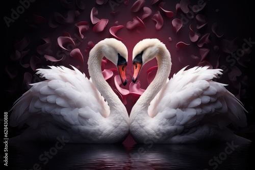 Fototapeta Naklejka Na Ścianę i Meble -  Two swans facing each other, forming a heart