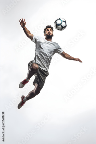 Soccer player jumping with ball on the white background. © SuperGlück