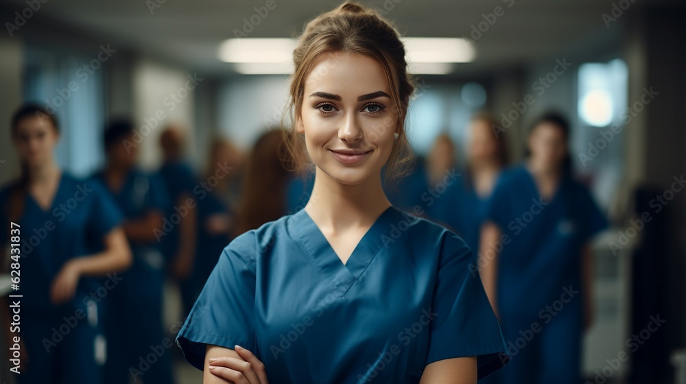 Portrait of a young nursing student standing with her team in hospital