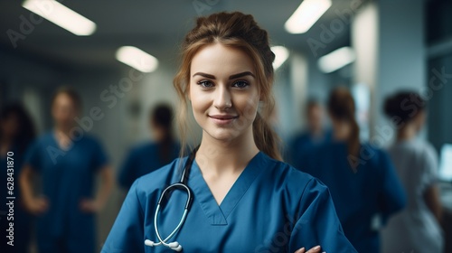Portrait of a young nursing student standing with her team in hospital