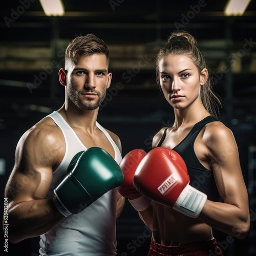 Portrait of a young man and woman who have made boxing their sport against. © Irina