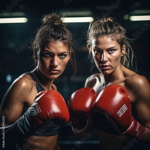 Portrait of two confident young female boxers against the dark background of a boxing hall.
