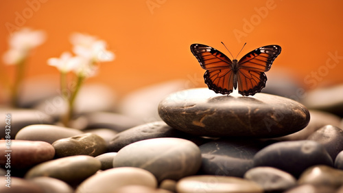 Butterfly On Spa Massage Stones In Zen Garden 