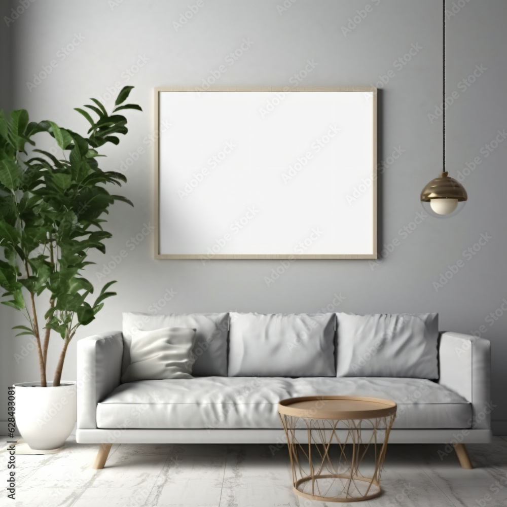 frame mock-up in home interior background with sofa table and decor in living room natural light from window - Generative AI