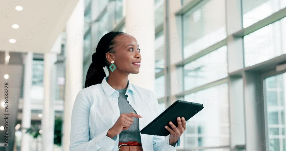 Business woman, tablet and thinking in office with internet connection for research or email. Walking, tech and African female entrepreneur online for social media, networking and communication app Business woman, tablet and thinking in office with internet connection for research or email. Walking, tech and African female entrepreneur online for social media, networking and communication app