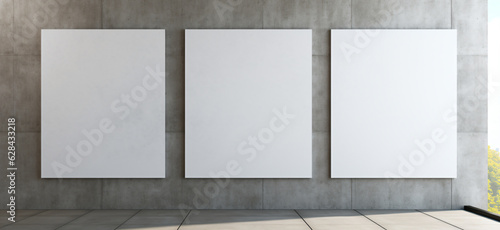 Three blank mockup posters hanging against concrete wall.