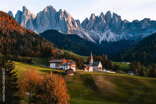 Beautiful landscape shot of church in Santa Maddalena Magdalena Dolomites Italy