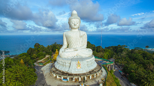 aerial view blue cloud over the Phuket big Buddha..Phuket Big Buddha another tourist attraction of Phuket..nature cloudscape sky and blue sea creative nature and travel concept.