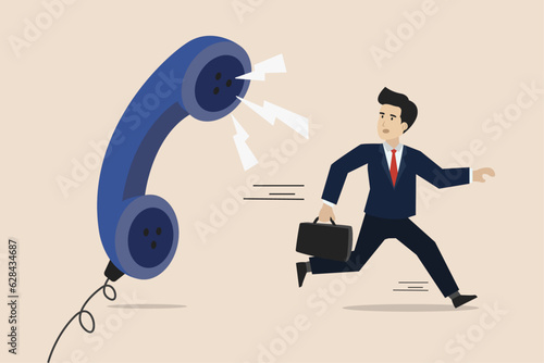 Customer complaint, dissatisfaction from product or service, angry response from client, businessman product owner running away from phone angry complaint from customer or client.