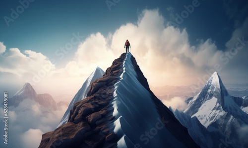 Photo Goal to success for level up with person climbing on route slope to mountain peak