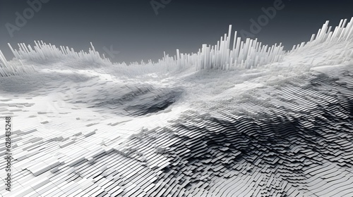 abstract white background matrix with an illusion of depth and space, featuring a combination of streaming lines with data and 3D elements