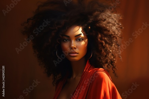 African beautiful woman portrait. Brunette curly haired young model with dark skin and perfect smile. photo