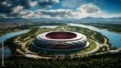 Aerial View of Modern Soccer Stadium Amidst Lush Greenery. Generative Ai. 