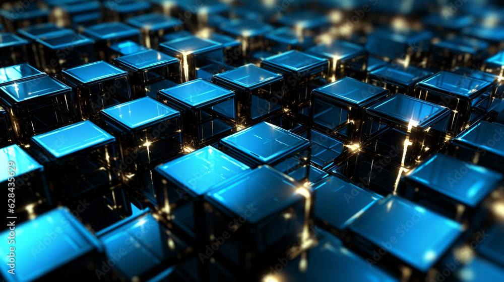 Fototapeta premium 3d square texture, block, led, perspective, shiny illumination neon abstract background, with cubes. connection, AI generated.