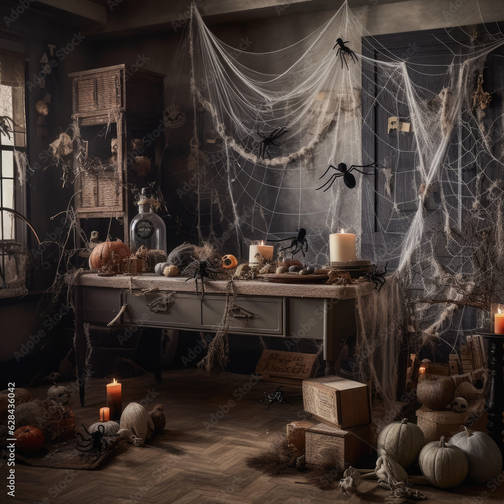 A selection of Halloween decorations and props, such as spider webs, fake cobwebs, and plastic spiders, arranged in a corner to create a haunted look. 