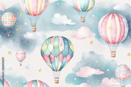 Generative AI. Baby Wallpaper with Hot Air Balloons and clouds. Hand drawn watercolor seamless Pattern for children. Illustration in delicate blue and pink Pastel colors.