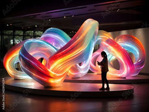 art exhibition of colorful interactive light installations, holographic, people in silhouettes walking through the exhibition