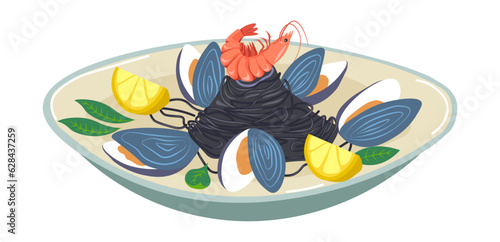 Mussels and shrimps, seafood salad with lemons