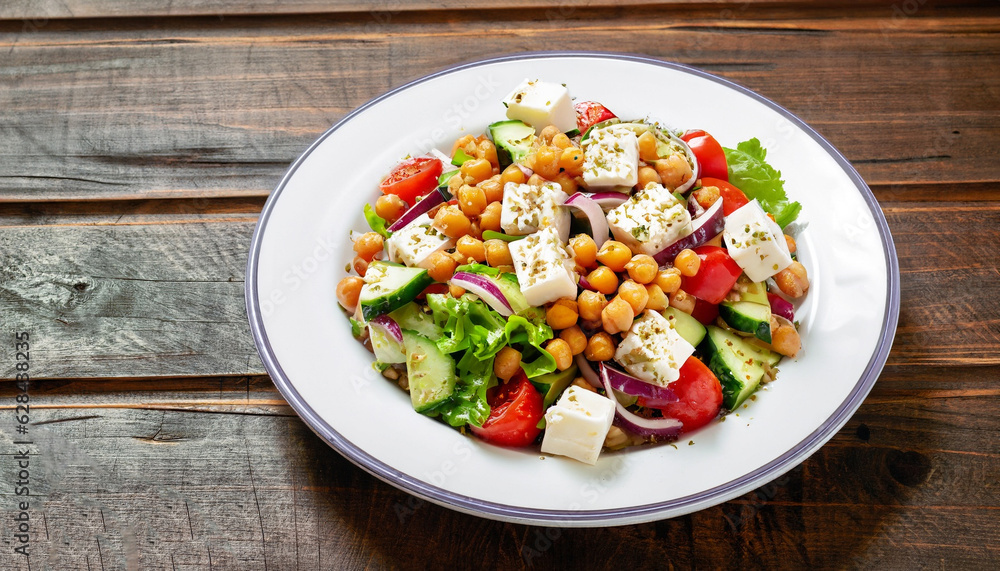 Greek salad with chickpea on wooden background Greek salad with chickpea on wooden background