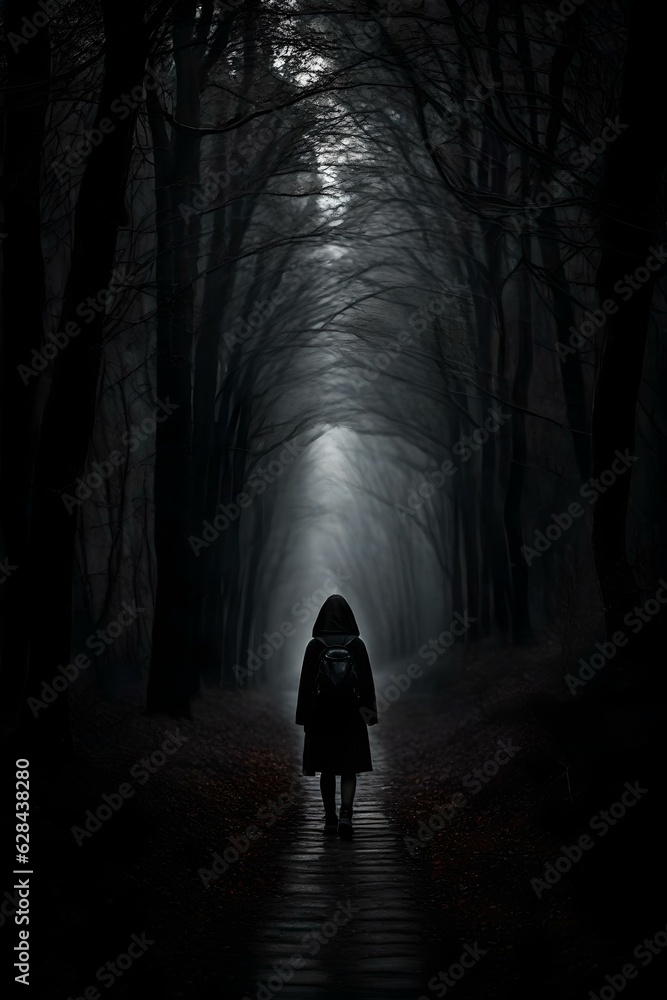 A scary night scene of a dark forest with a silhouette of a figure walking on a deserted path between the trees.