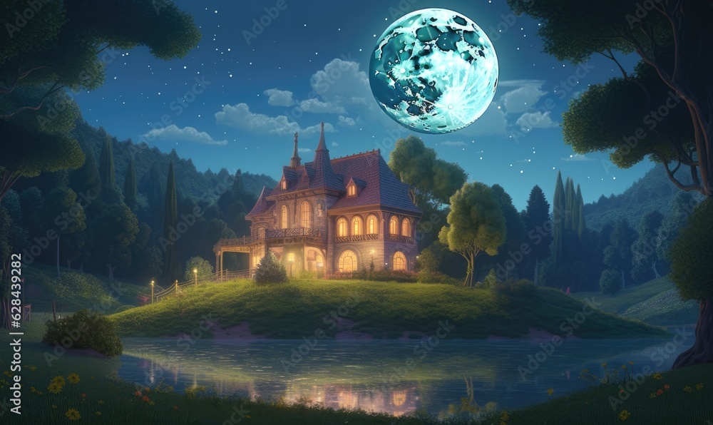 The house is embraced by the ethereal glow of the moon and twinkling stars.