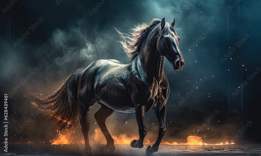 The fiery mane of a majestic horse illuminates the dark background. The fiery mane of a majestic horse illuminates the dark background.