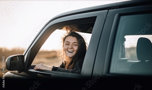 Smiling caucasian woman delights in the exhilarating breeze by the car window.