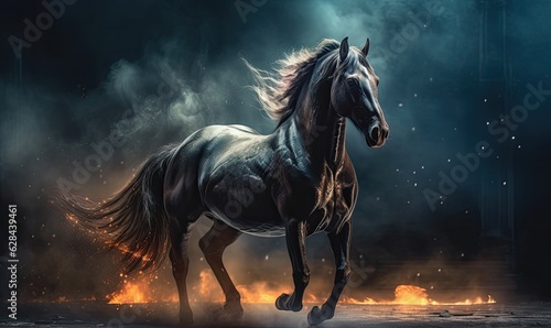 The fiery mane of a majestic horse illuminates the dark background. © uhdenis