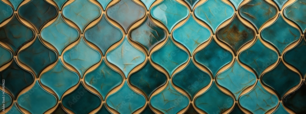 Fototapeta premium Abstract green turquoise geometric moroccan marrakech tiles wallpaper texture background banner pattern -Vintage retro concrete stone ceramic cement tiles wall (Generative Ai)