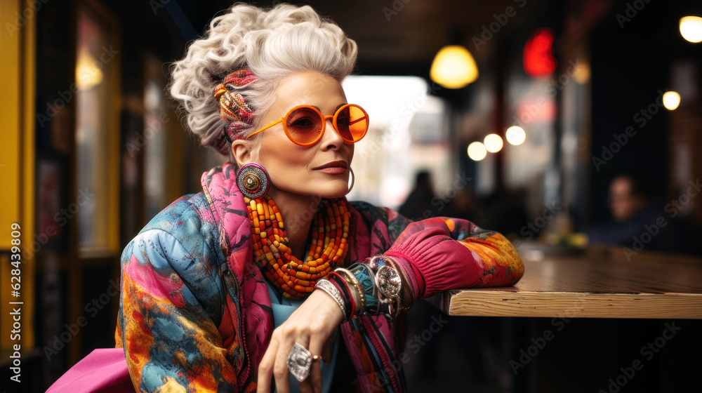Naklejka premium Amid Berlin's heartbeat, an elder hipster fashion woman flourishes. Her vibrant attire mirrors her spirit, large sunglasses , a tribute to unique individuality and confidence. Vibrant. Generative AI