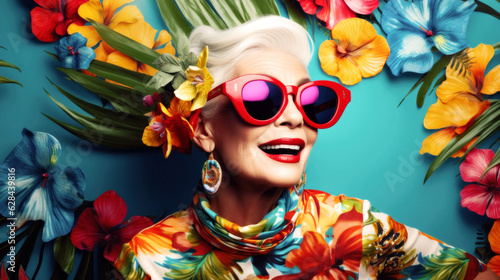 Amid Berlin's heartbeat, an elder hipster fashion woman flourishes. Her vibrant attire mirrors her spirit, large sunglasses , a tribute to unique individuality and confidence. Vibrant. Generative AI