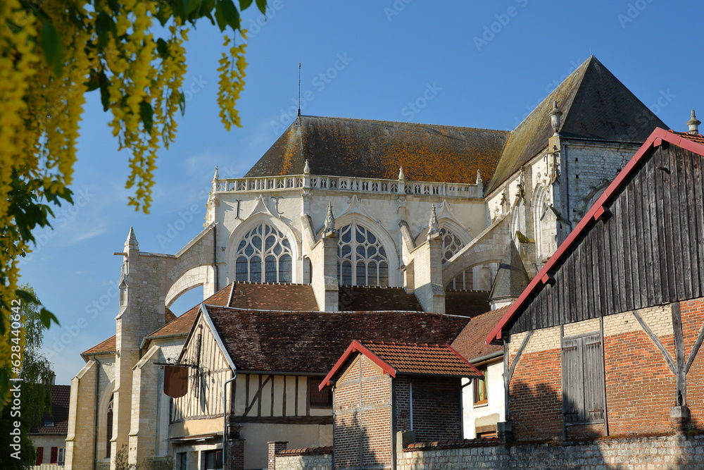 The external facade of Saint Etienne church in Bar sur Seine, Aube, Grand Est, champagne ardenne, France, with gothic architecture The external facade of Saint Etienne church in Bar sur Seine, Aube, Grand Est, champagne ardenne, France, with gothic architecture