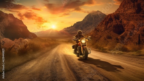 Generative AI, Motorcycle rider on street riding, sunset sky, having fun driving the empty highway on a motorcycle tour journey © DELstudio