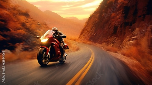 Generative AI  Motorcycle rider on street riding  sunset sky  having fun driving the empty highway on a motorcycle tour journey